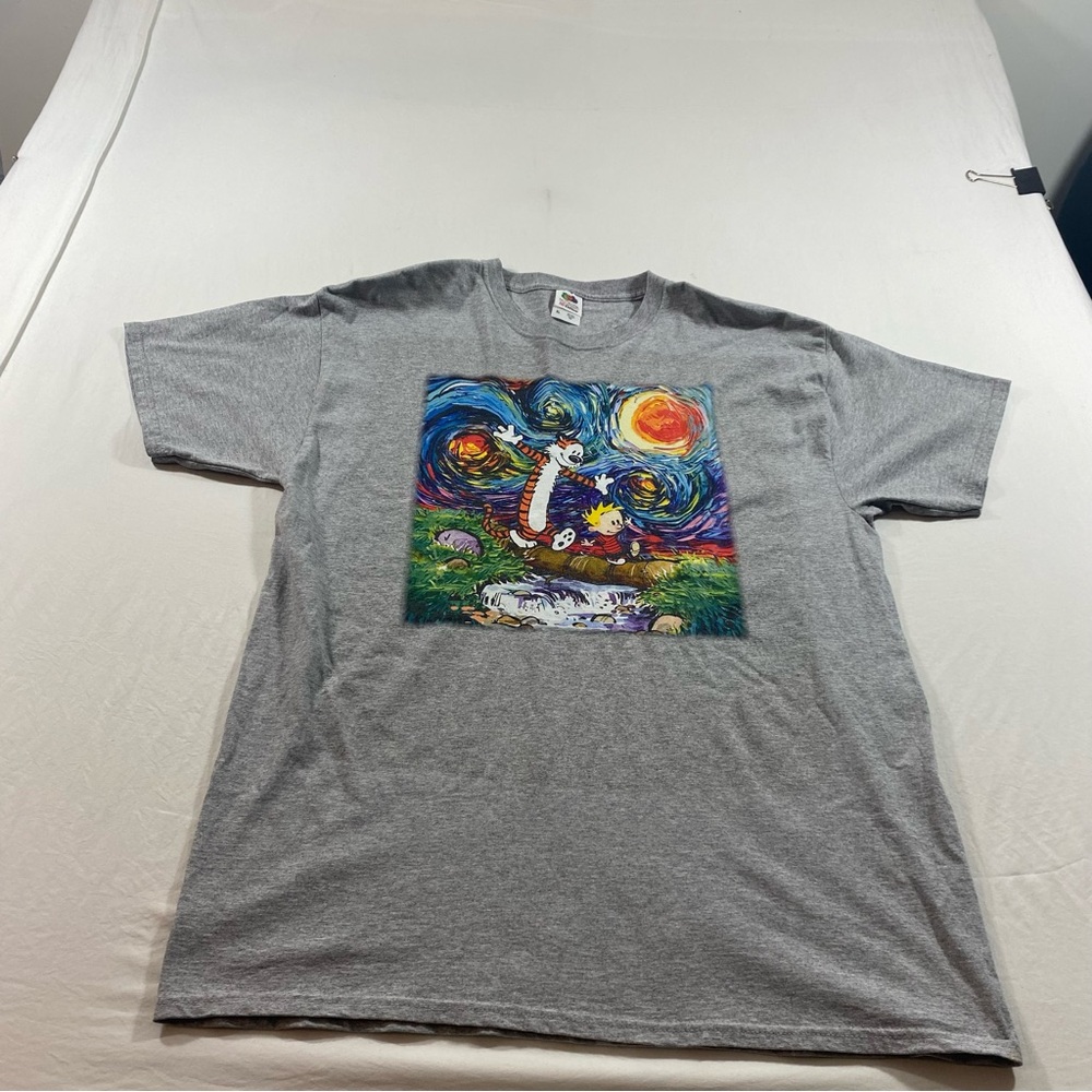 Calvin HOBBS  Starry Night T-Shirt with Colorful Logo Gray Short Sleeve XL - Picture 2 of 6